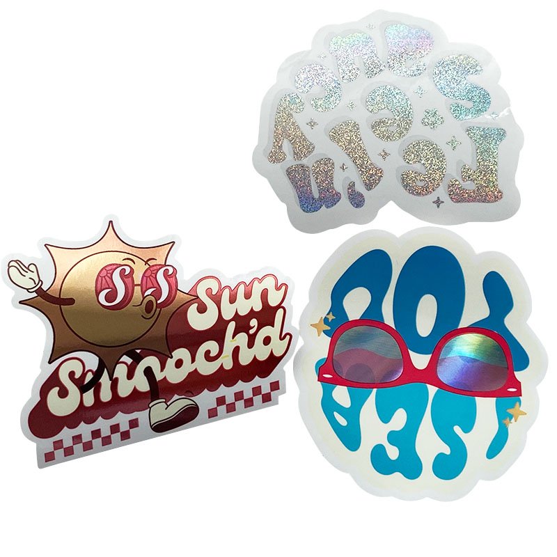 Custom Logo Die Cut Glitter Holographic Cartoon Letter t Sticker UV Resist Waterproof Silver Laser Hologram Sticker Label