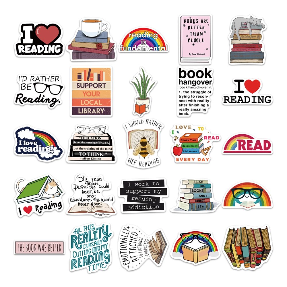 50pcs Reading Book Waterproof Pvc Stickers to Diy Notebook Diary Motorcycle Skateboard Computer Luggage Cartoon Graffiti Decals