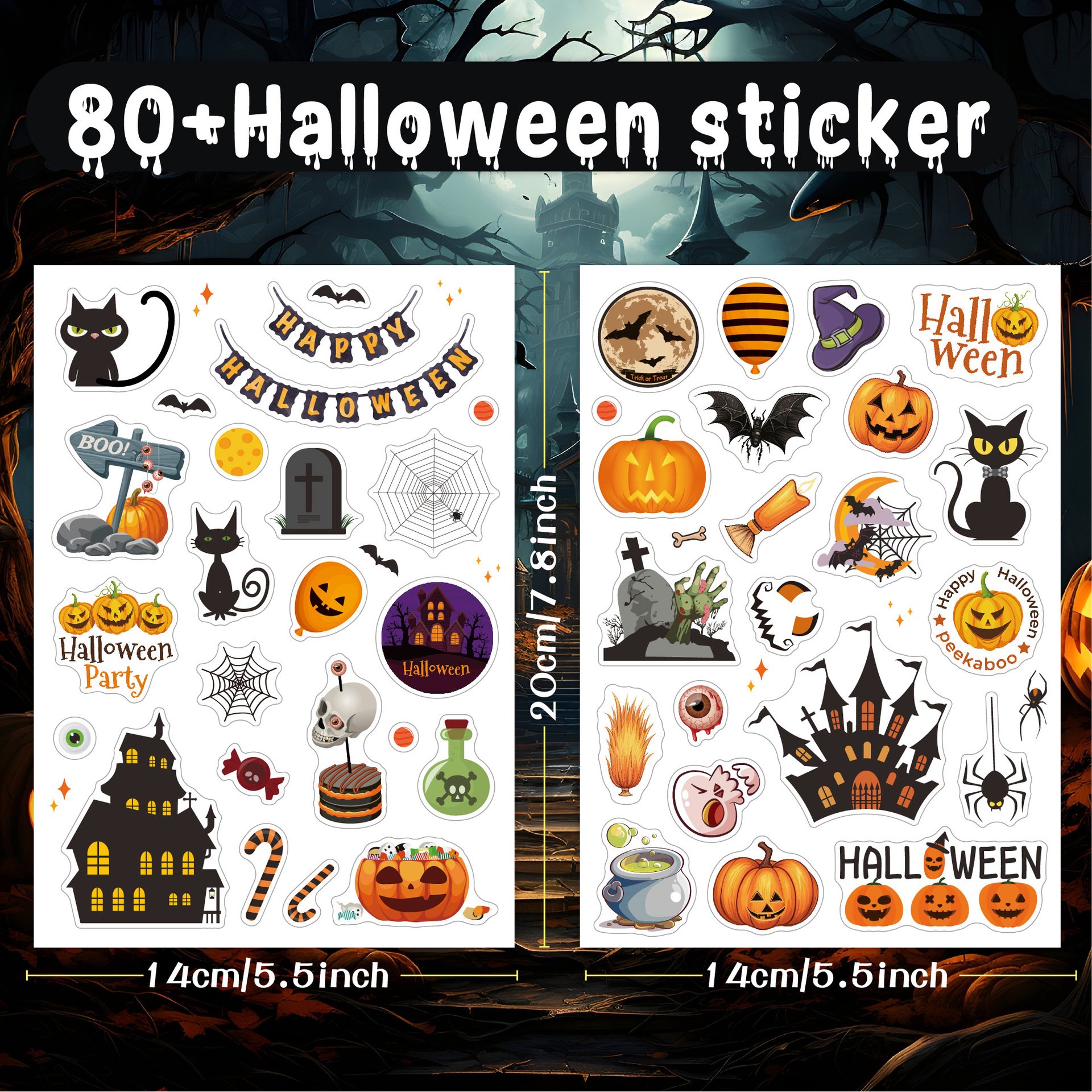 Halloween Stickers Cartoon Pumpkins Bats Vinyl Waterproof Sticker Sheets Self-Adhesive Laser Holographic Kiss cut Stickers