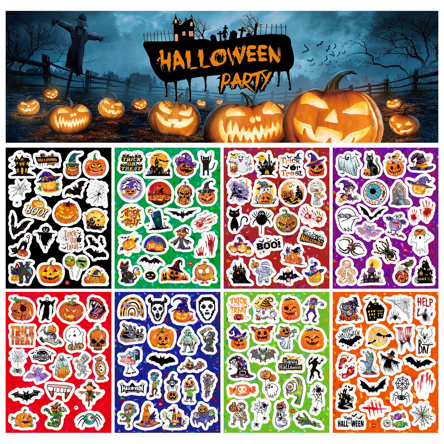Halloween Holographic Sticker Sheets Self-adhesive Waterproof Party Decoration Stationery Stickers Cartoon Holiday Gift for Kids