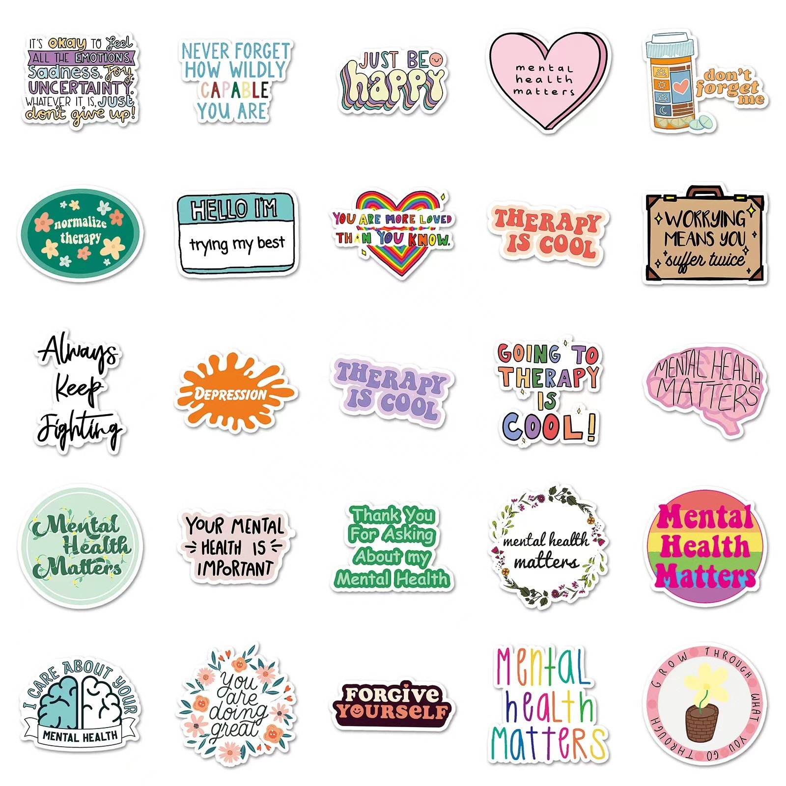 50pcs Mental health text PVC waterproof graffiti decorative sticker packs for laptop helmet bike luggage notebook bottle