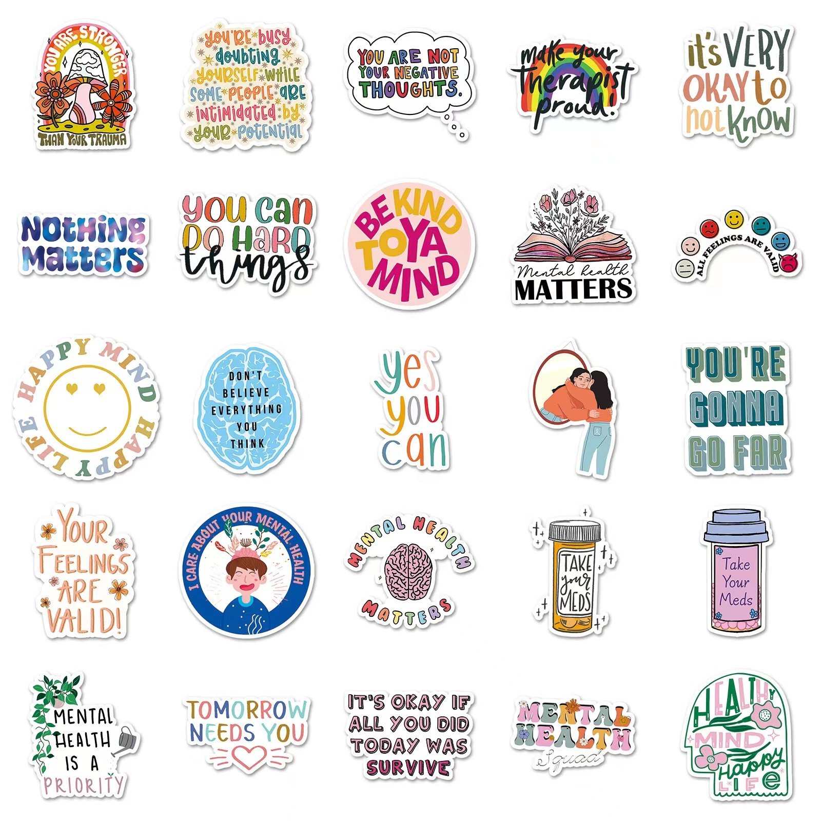 50pcs Mental health text PVC waterproof graffiti decorative sticker packs for laptop helmet bike luggage notebook bottle