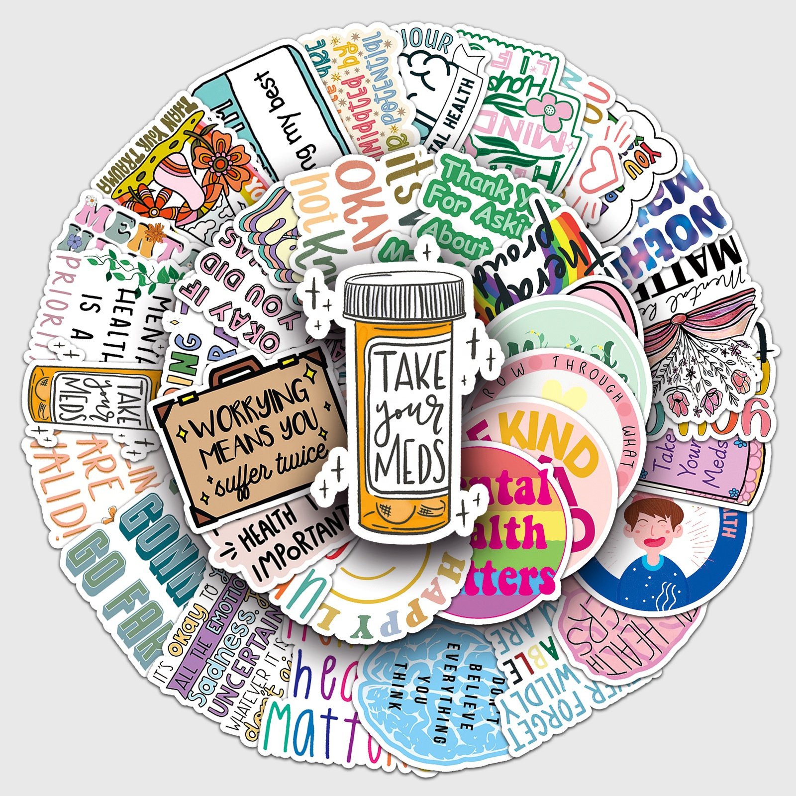 50pcs Mental health text PVC waterproof graffiti decorative sticker packs for laptop helmet bike luggage notebook bottle