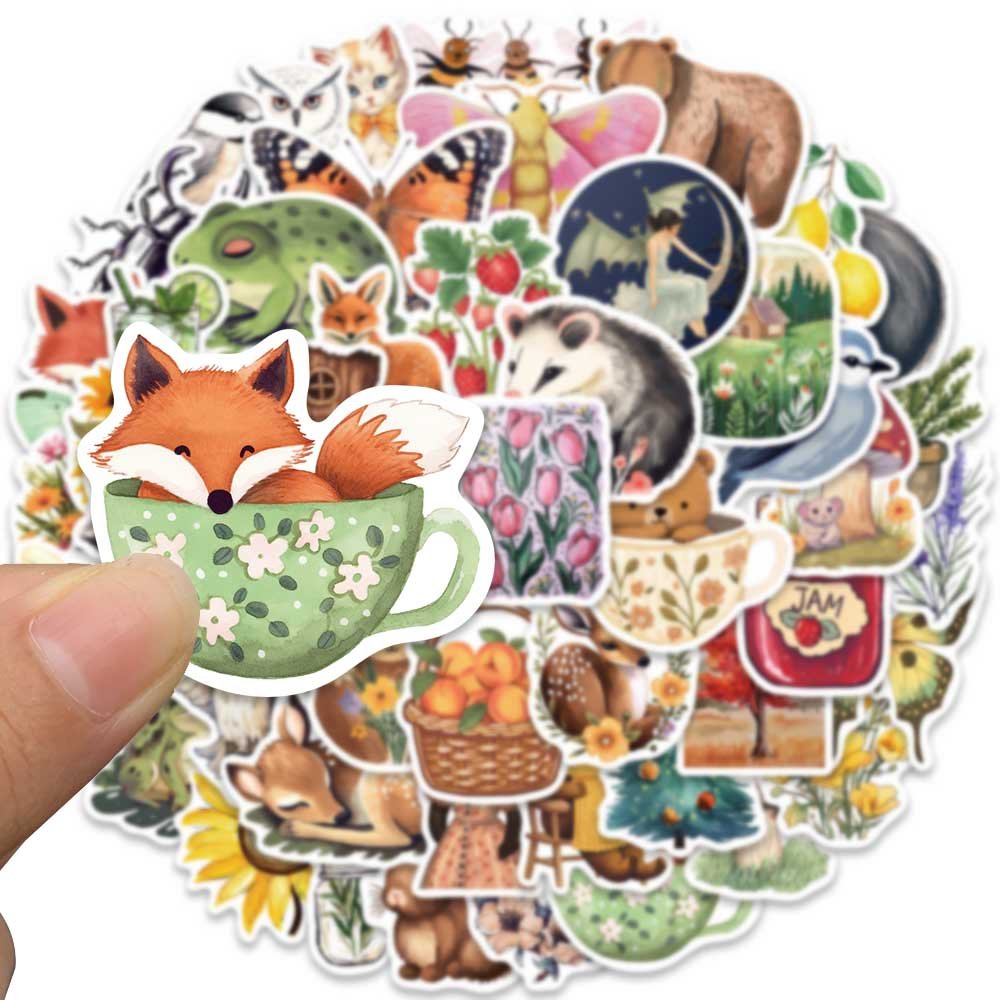 50pcs Retro Cartoon Animals Plants Magic Forest Stickers for Laptop Phone Guitar Luggage Waterproof Graffiti Kids Toys Decals