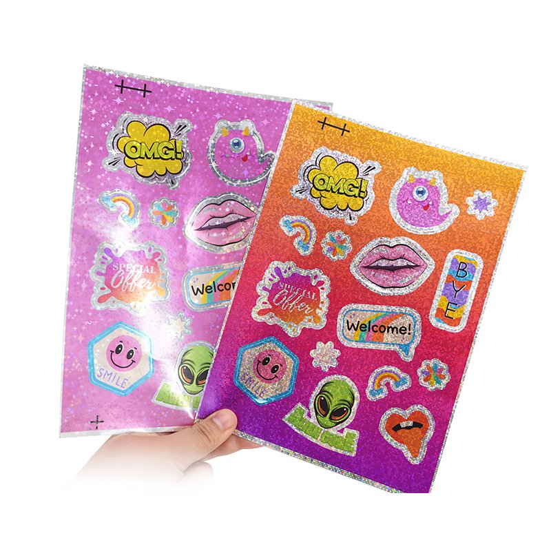 Self Adhesive Waterproof Holographic PVC Vinyl Logo Printing Kawaii Cartoon Kiss Cut Stickers Custom Sticker Sheet