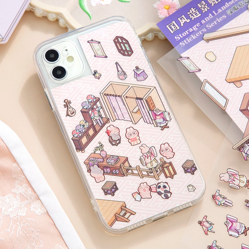 SIMNO Cute Fun Chinese Style Cartoon 3D House Landscaping Scene Stickers Transparent Scrapbooking Clipping Decal (Gen 3.0)