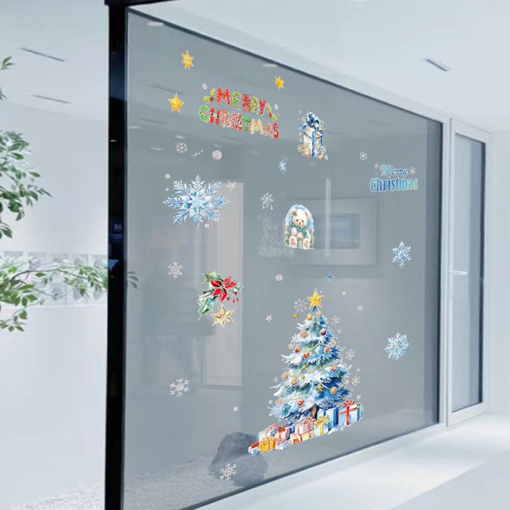 Christmas hanging ball tree Santa Claus cute cartoon snowman Christmas decorations window sticker silver dust Christmas static