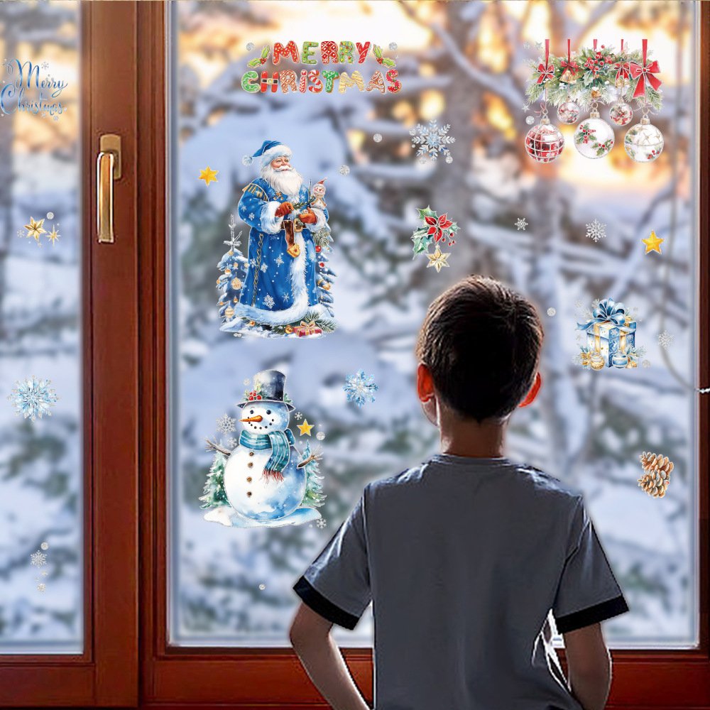 Christmas hanging ball tree Santa Claus cute cartoon snowman Christmas decorations window sticker silver dust Christmas static