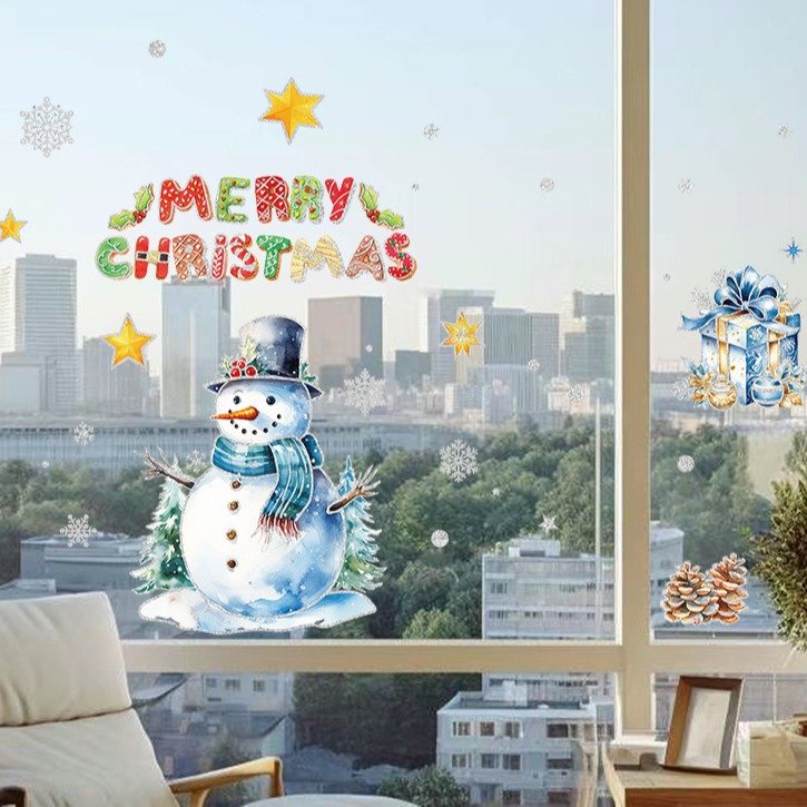 Christmas hanging ball tree Santa Claus cute cartoon snowman Christmas decorations window sticker silver dust Christmas static
