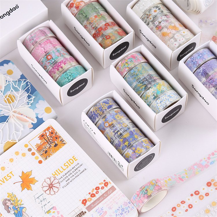 PET transparent washi tape 5 rolls /box Flowers stickers for kids cartoon stationery cute washi tape journal