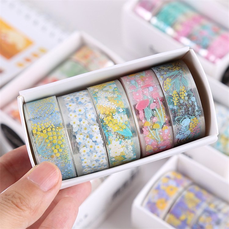 PET transparent washi tape 5 rolls /box Flowers stickers for kids cartoon stationery cute washi tape journal