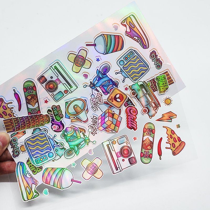 Self Adhesive Custom Vinyl Decorative Cartoon Holographic Sticker Sheet Waterproof Pvc Logo Kiss Cut Stickers