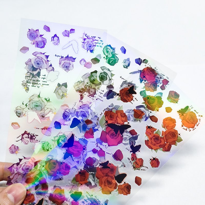 Self Adhesive Custom Vinyl Decorative Cartoon Holographic Sticker Sheet Waterproof Pvc Logo Kiss Cut Stickers