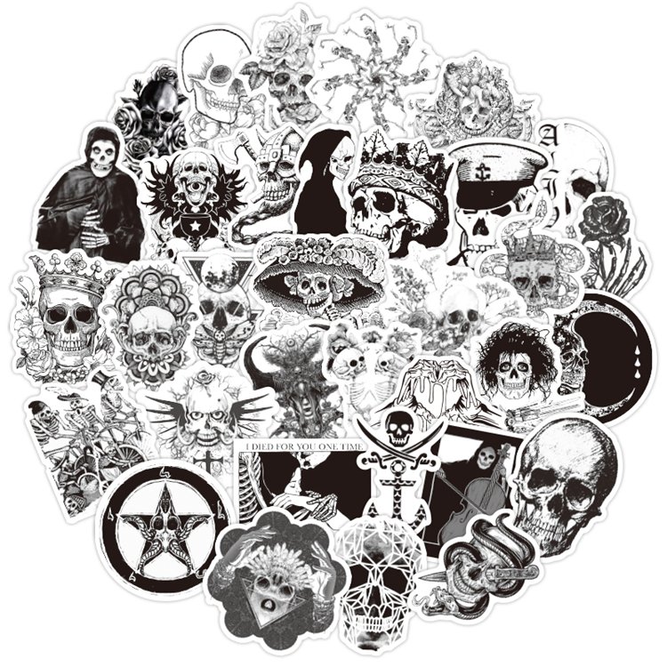 50Pcs Pvc Wallpaper black and white human skeleton Sticker Waterproof For Luggage Laptop Skateboard Graffiti Sticker Pack