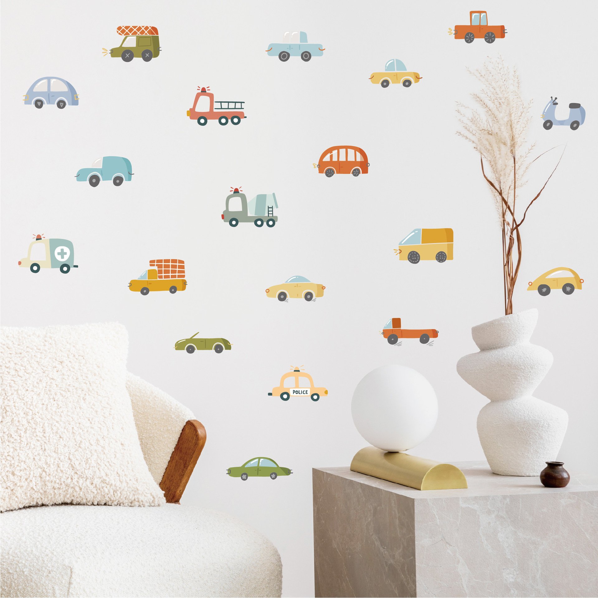 6 Sheets 57pcs Construction Vehicles Wall Stickers Watercolor Style Decals Peel Cartoon cute Wall Sticker Decors for Kids Room