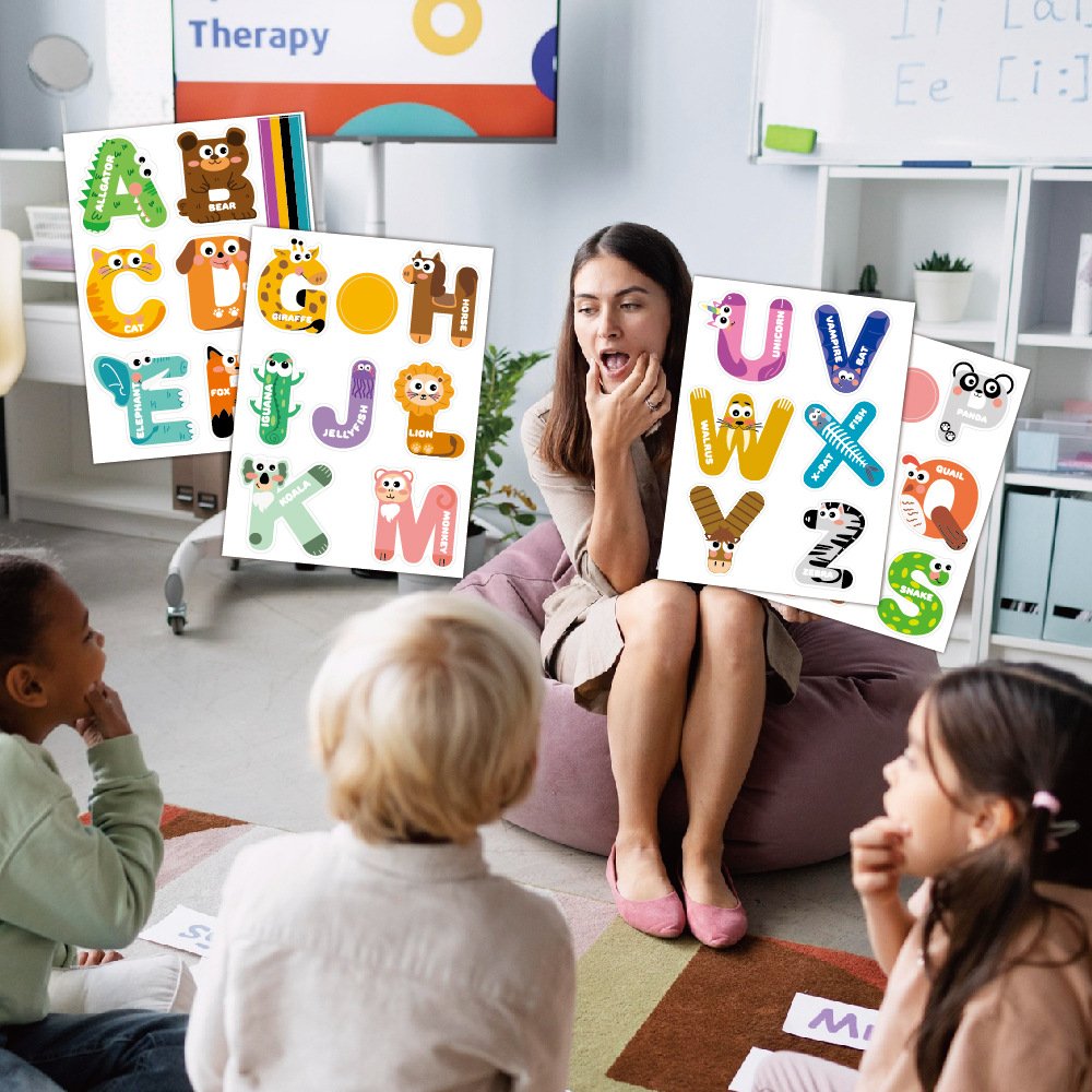 Cartoon Animal Alphabet Stickers 26 Colorful English Letters Vinyl Waterproof Stickers Kid's Classroom Decorative Sticker