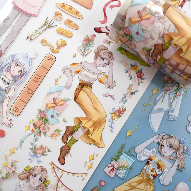 DH Original Designs PET Characters Flowers Transparent Stickers Waterproof Cartoon Decorative Roll PET Washi Tape
