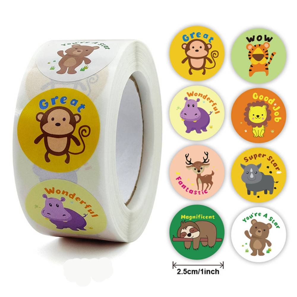 Custom Cute Cartoon Animals Sticker For Kids Labels Round Vinyl Paper School Teacher Supplies Child Reward Sticker Printing