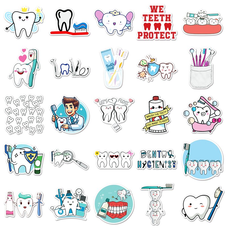50pcs Factory Wholesale Waterproof Custom Stickers Decorative Taking Care of your Teeth Cartoon Stickers