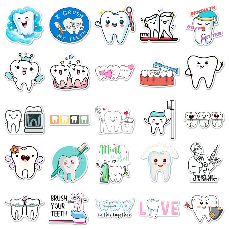 50pcs Factory Wholesale Waterproof Custom Stickers Decorative Taking Care of your Teeth Cartoon Stickers