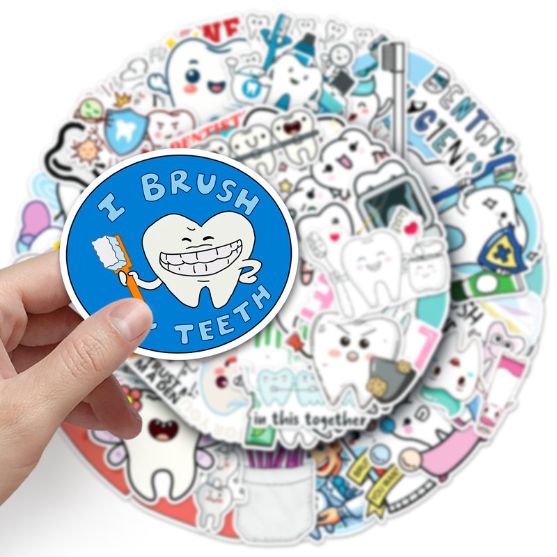 50pcs Factory Wholesale Waterproof Custom Stickers Decorative Taking Care of your Teeth Cartoon Stickers