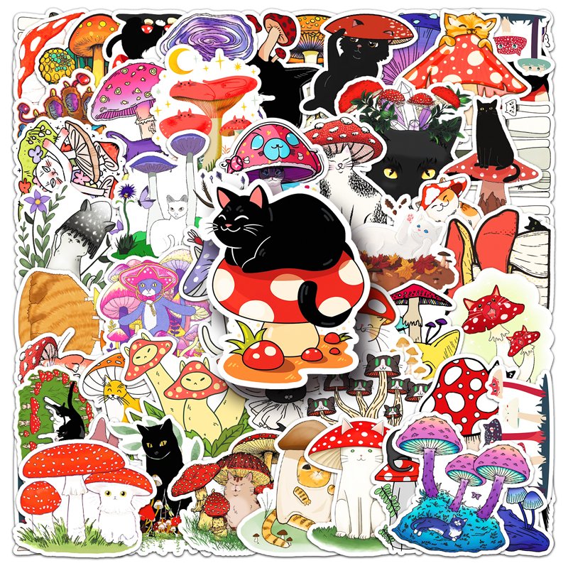 50pcs High Quality Animal Kawaii Cut Cartoon Vinyl Sticker Printing Cat Mushroom Custom Stickers