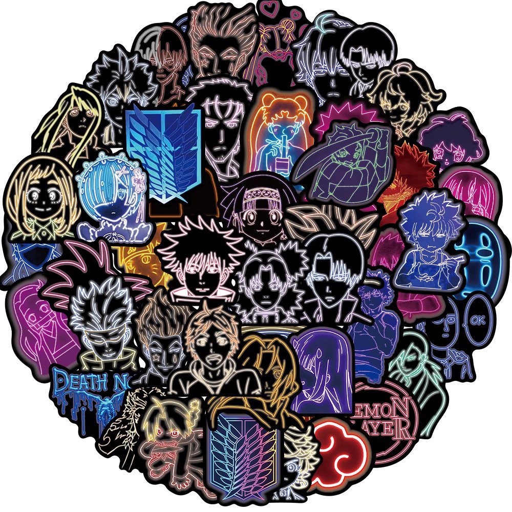 50pcs anime neon mixed decoration stickers suitcase notebook waterproof removable paste Paintings cartoon sticker wholesale