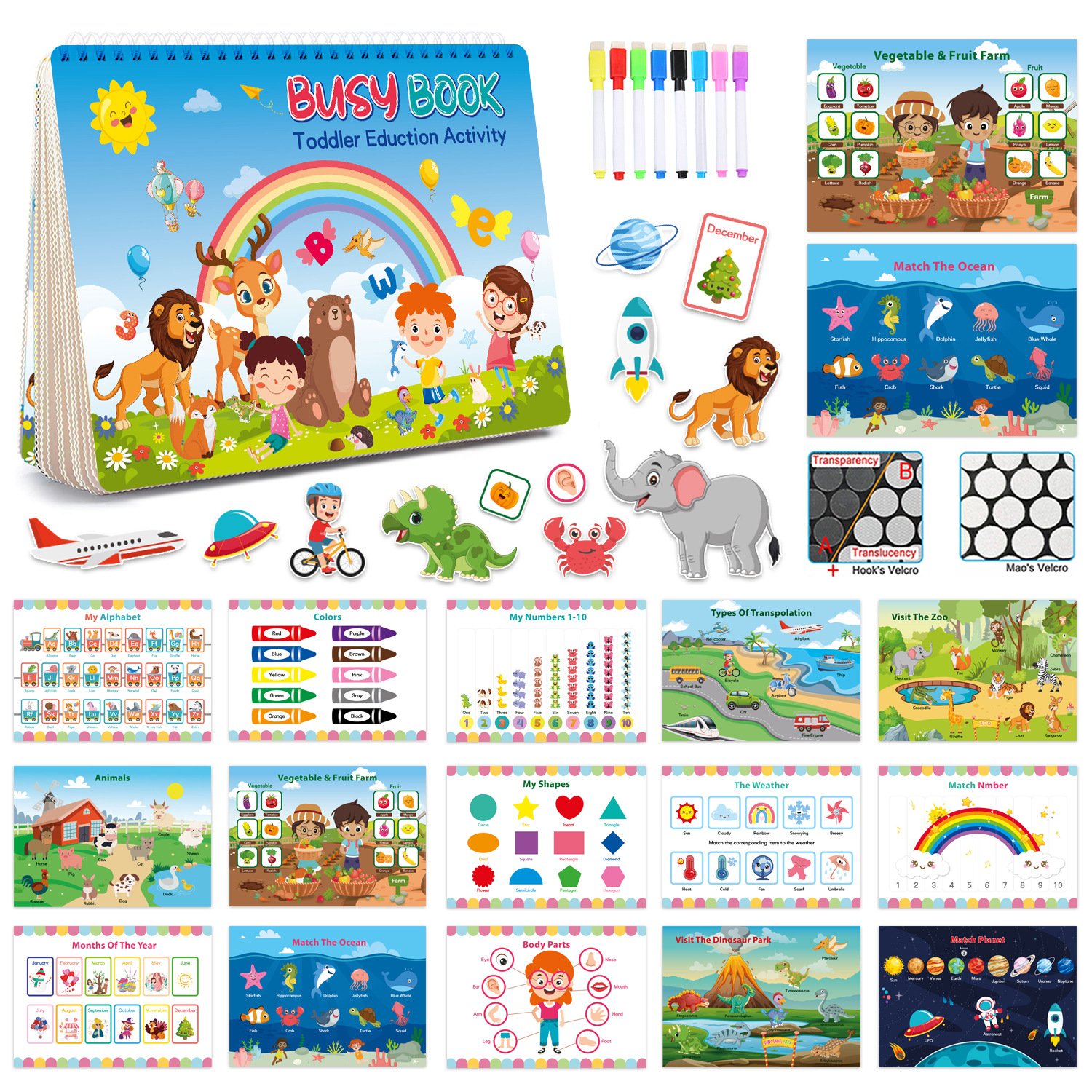 Wholesales 16 Themes Baby Cartoon Sticker Interactive Spiral Binding Quiet Book Children Montessori Busy Book For Kids