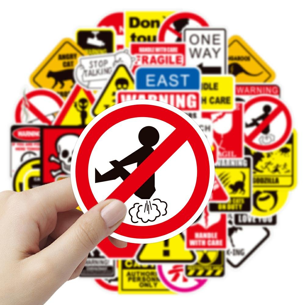 50Pcs Warning Sign Sticker Custom Cartoon Graffiti Waterproof PVC Stickers for Car Gift Bicycle Guitar Prohibition Sign Sticker
