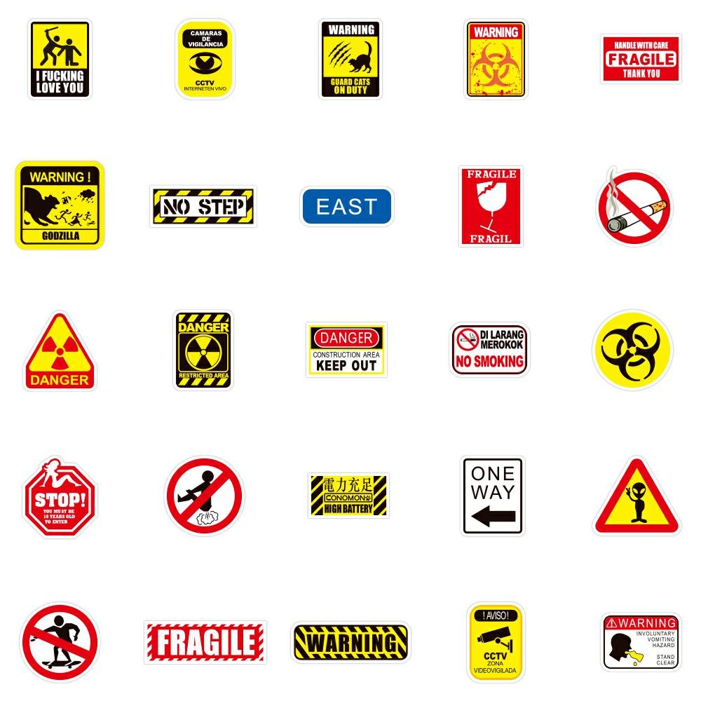 50Pcs Warning Sign Sticker Custom Cartoon Graffiti Waterproof PVC Stickers for Car Gift Bicycle Guitar Prohibition Sign Sticker
