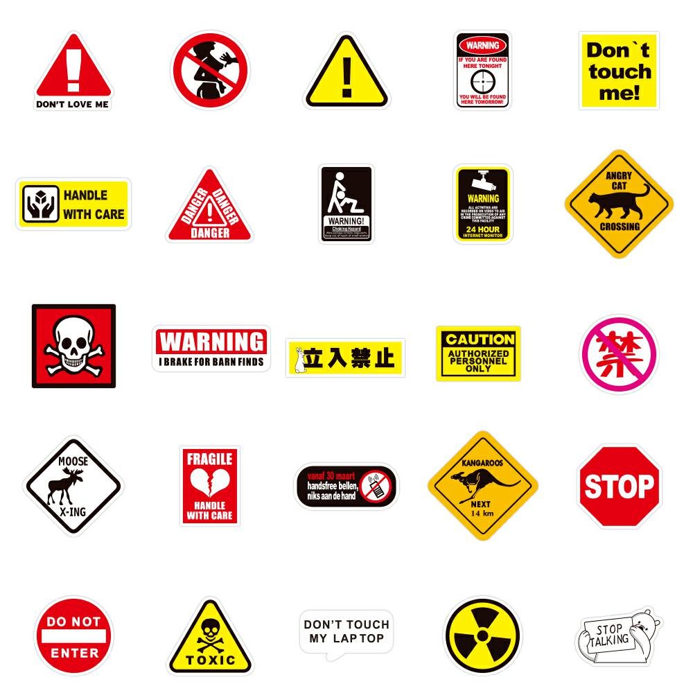 50Pcs Warning Sign Sticker Custom Cartoon Graffiti Waterproof PVC Stickers for Car Gift Bicycle Guitar Prohibition Sign Sticker