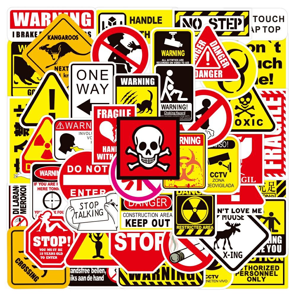 50Pcs Warning Sign Sticker Custom Cartoon Graffiti Waterproof PVC Stickers for Car Gift Bicycle Guitar Prohibition Sign Sticker