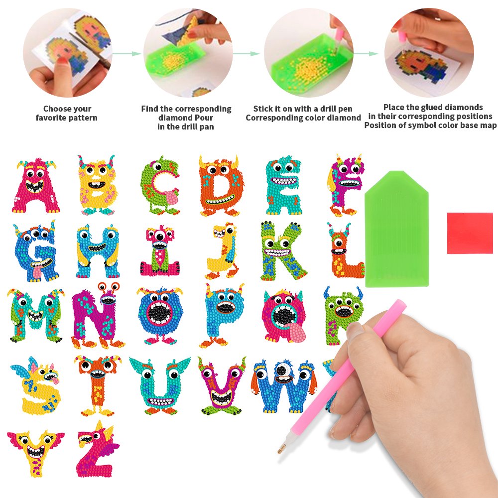 Cartoon letter diamond painting sticker set, children's diamond dot art painting DIY diamond painting