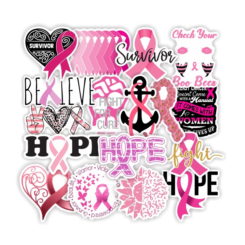 50 pcs Ribbon Novelty Pink Breast Cancer Awareness Stickers