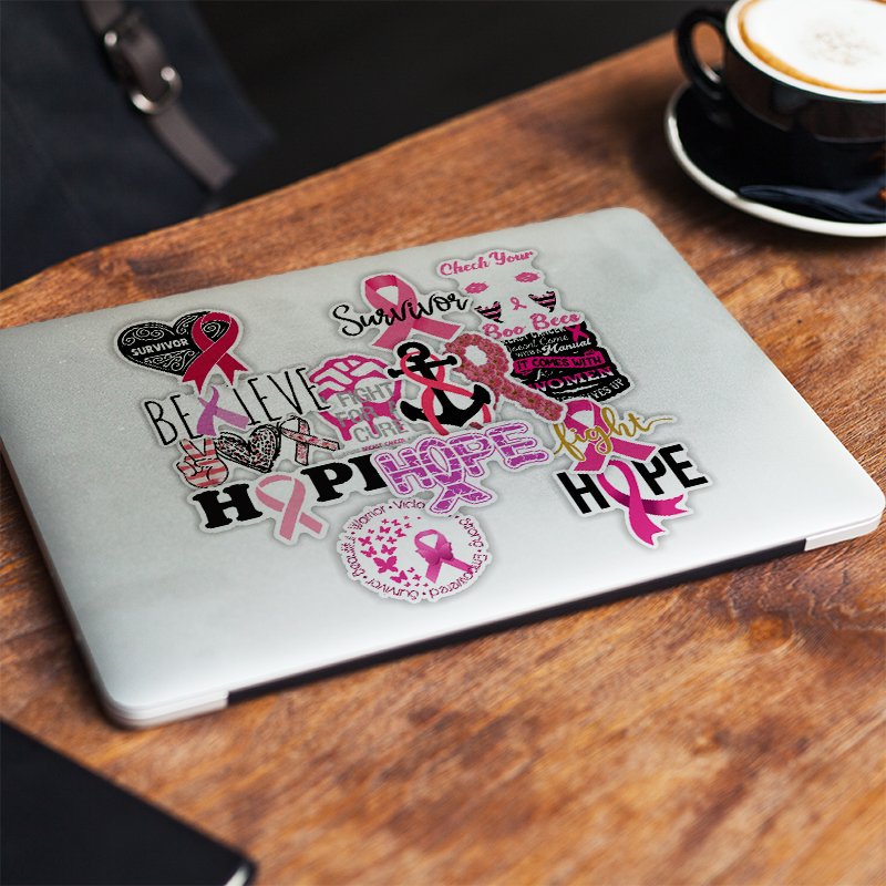 50 pcs Ribbon Novelty Pink Breast Cancer Awareness Stickers