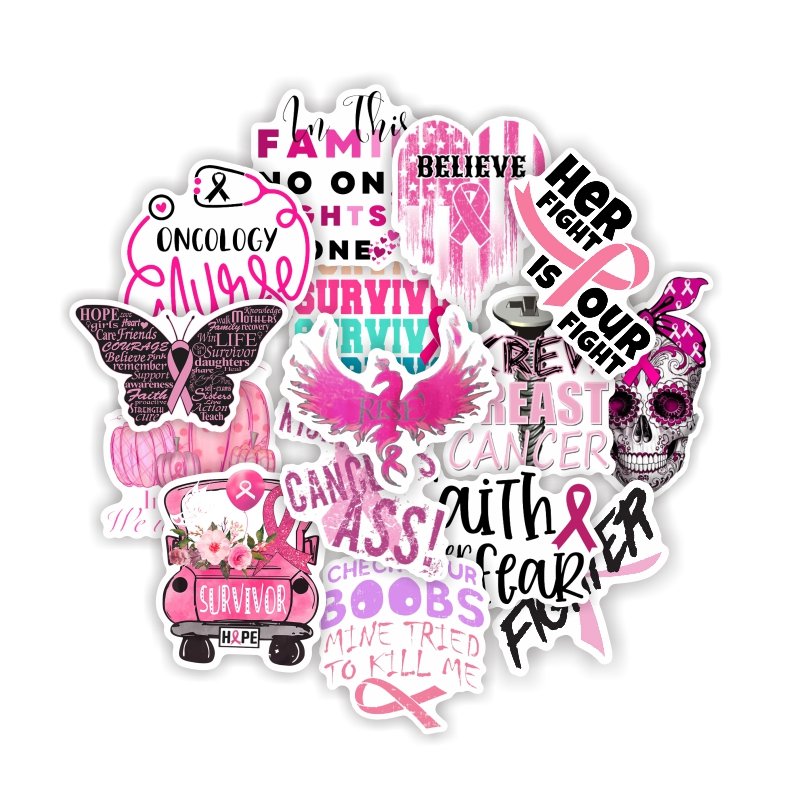 50 pcs Ribbon Novelty Pink Breast Cancer Awareness Stickers
