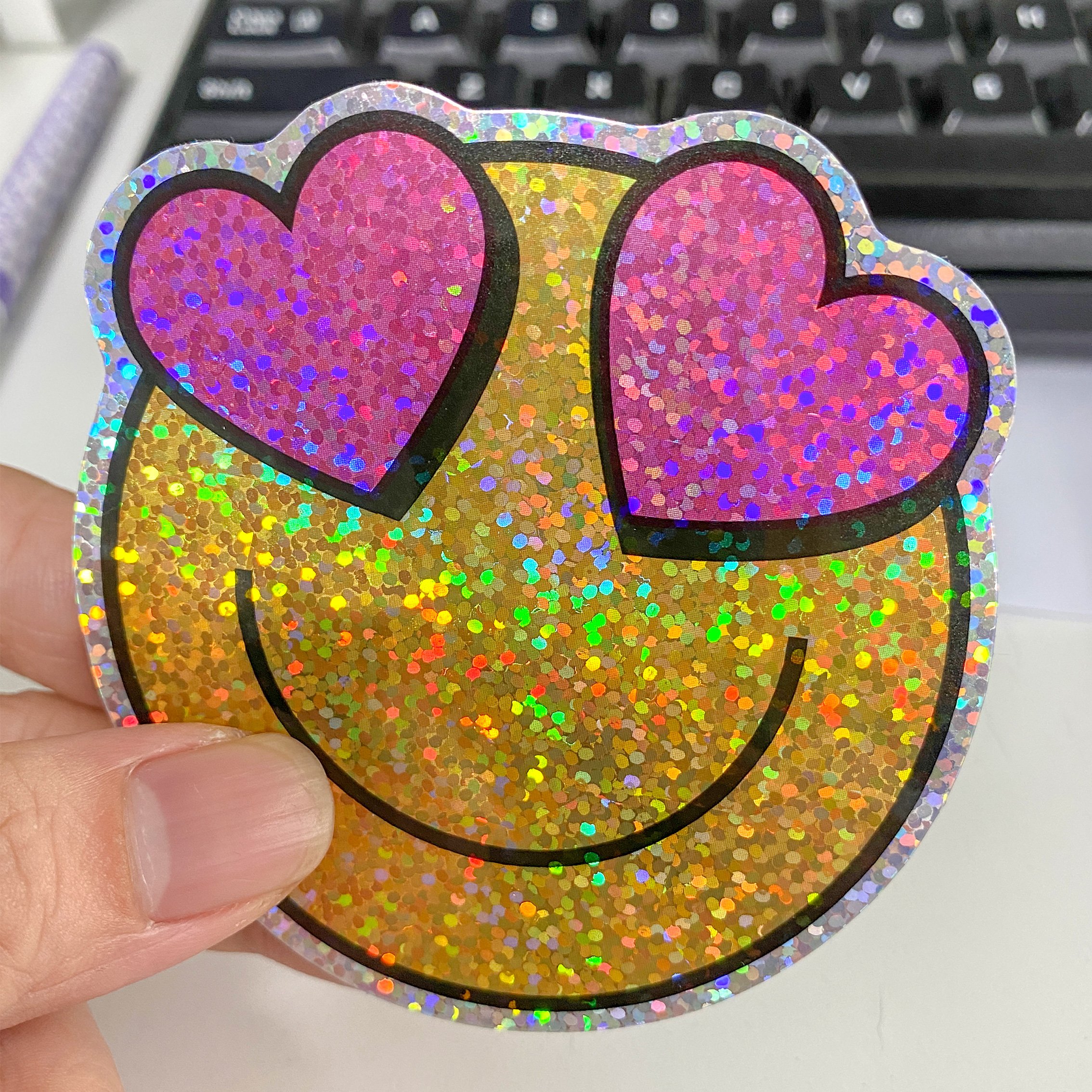 Adhesive Sticker Die Cut Logo Pvc Dot Holographic Sparkle Stickers Cartoon Self Adhesive Waterproof Custom Vinyl Sticker