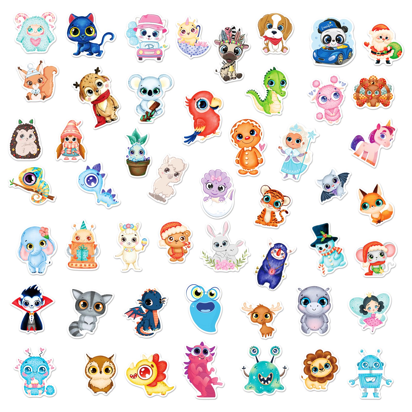 50pcs different big-eyed animal stickers, cute cartoon animals waterproof stickers for children's decoration