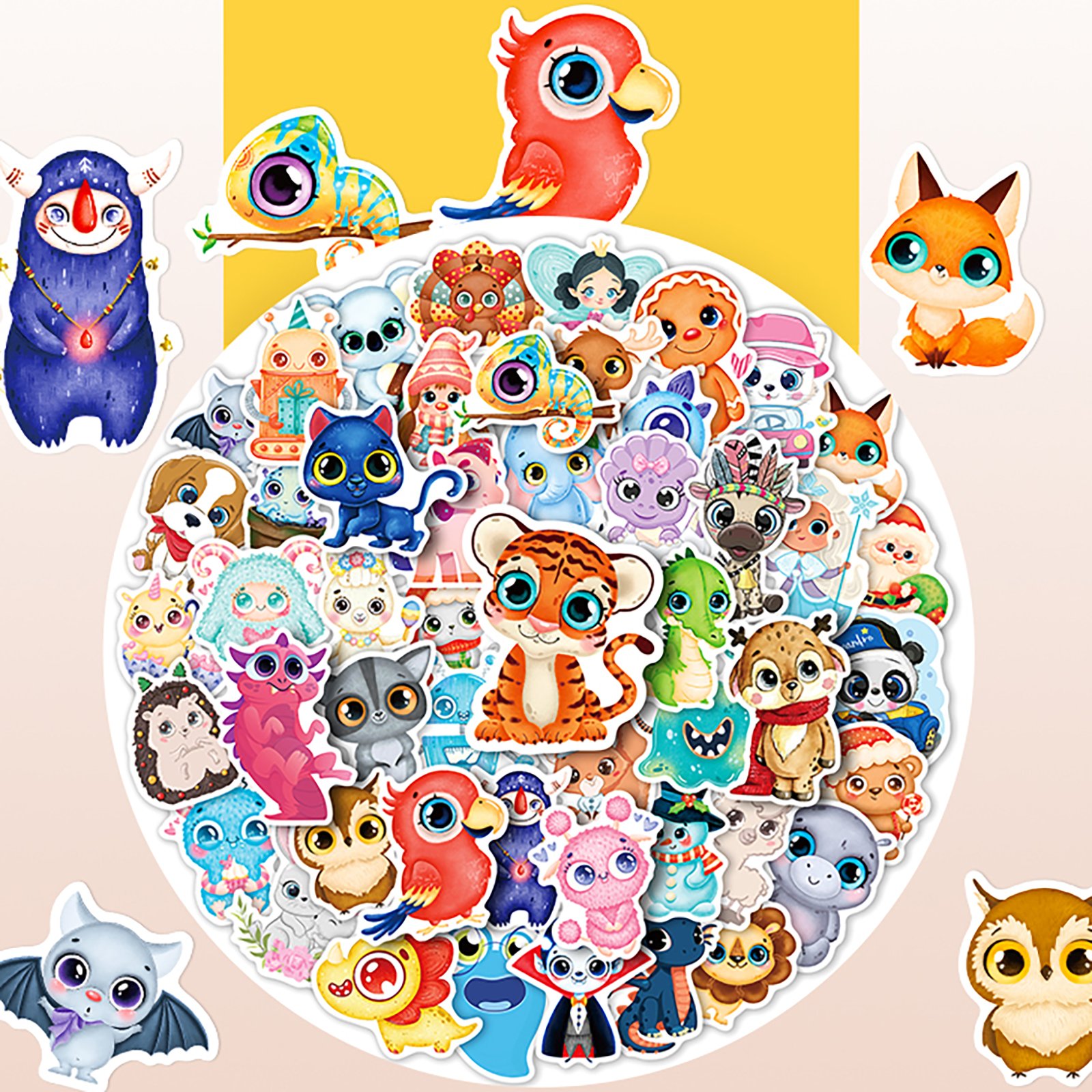50pcs different big-eyed animal stickers, cute cartoon animals waterproof stickers for children's decoration