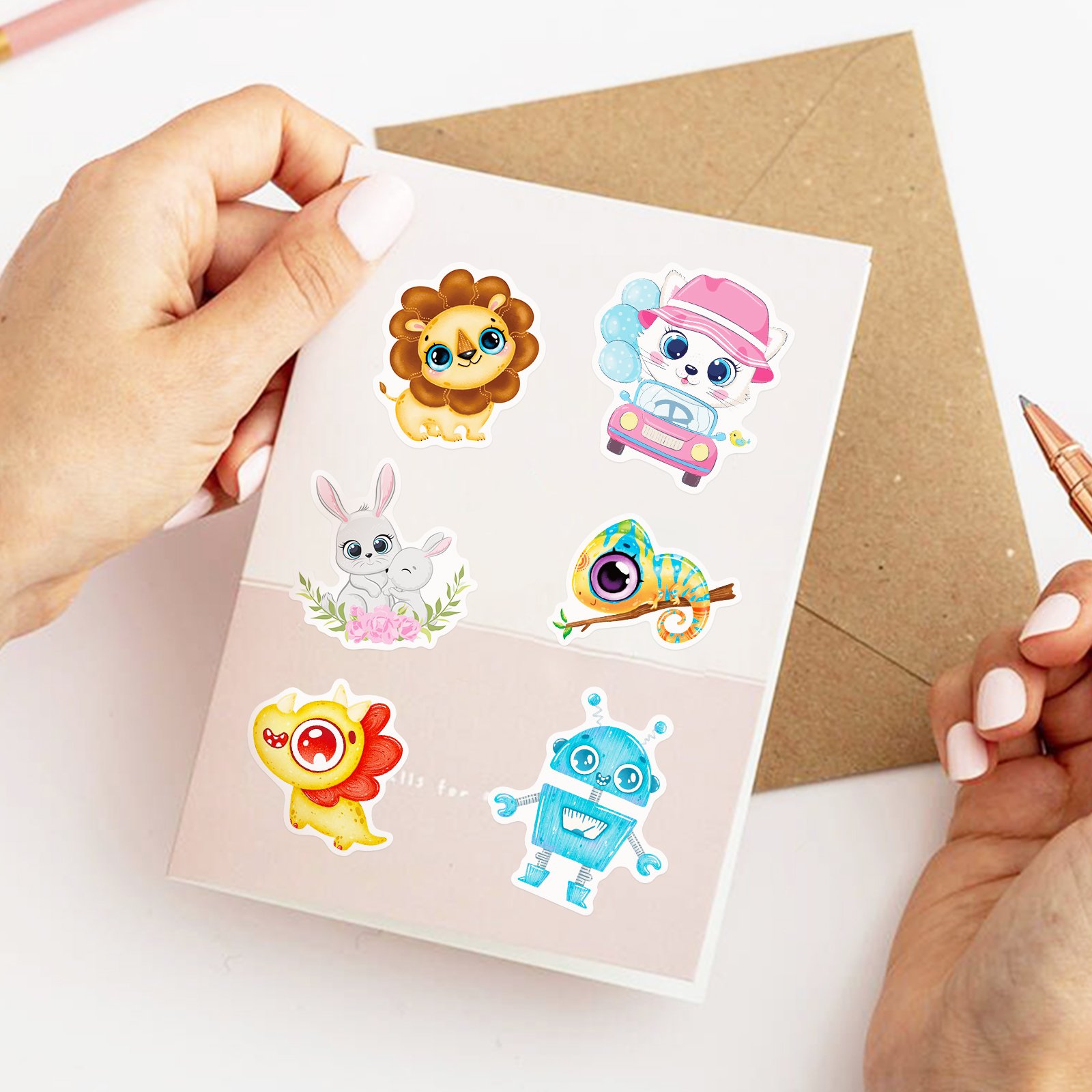 50pcs different big-eyed animal stickers, cute cartoon animals waterproof stickers for children's decoration