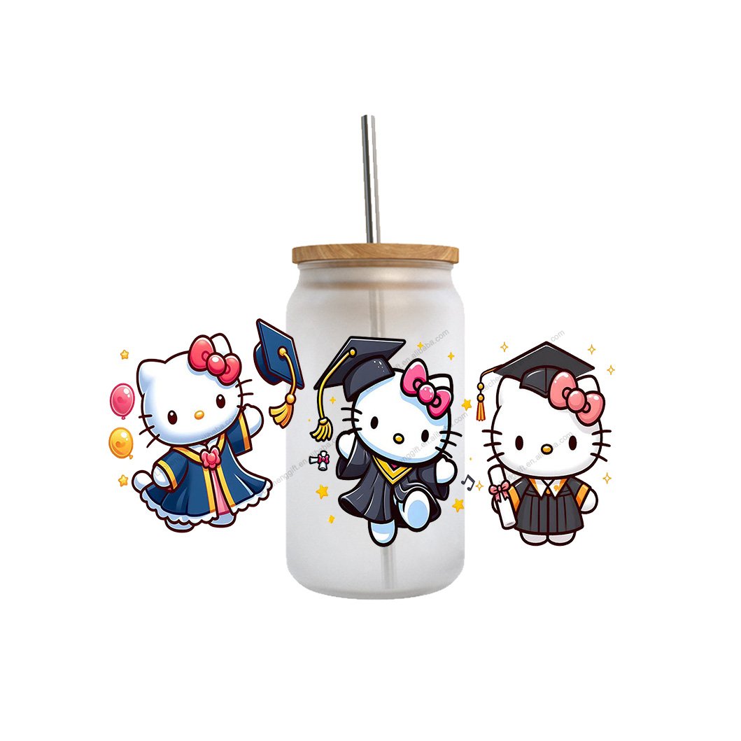 high quality custom cartoon kawaii KT senior graduation season cat double sided uv dtf cup wrap transfer stickers for glass