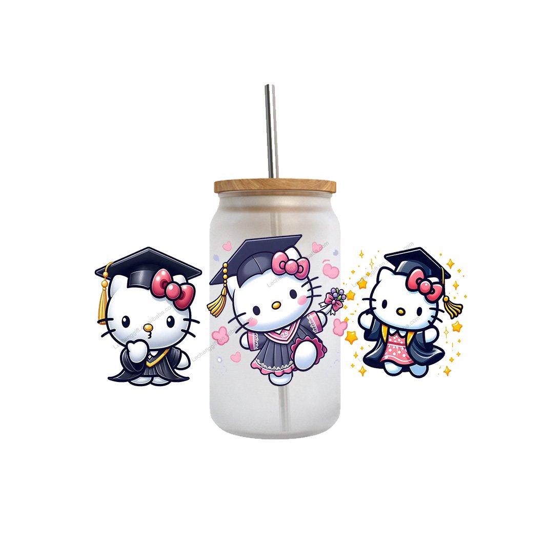 high quality custom cartoon kawaii KT senior graduation season cat double sided uv dtf cup wrap transfer stickers for glass
