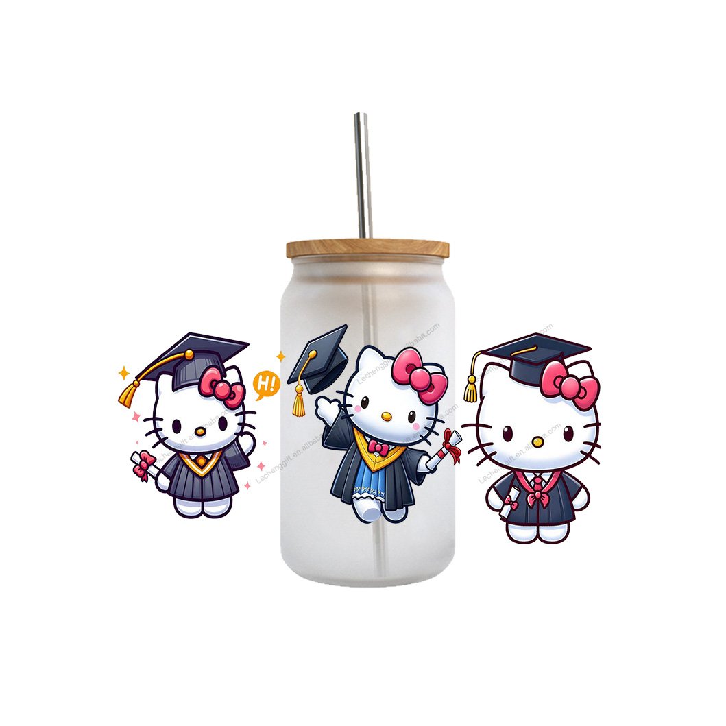 high quality custom cartoon kawaii KT senior graduation season cat double sided uv dtf cup wrap transfer stickers for glass
