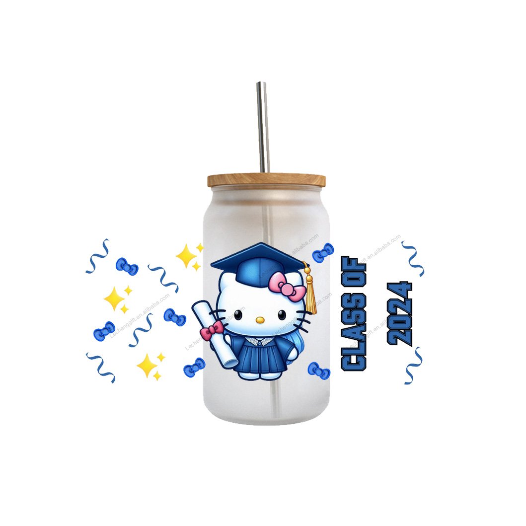 high quality custom cartoon kawaii KT senior graduation season cat double sided uv dtf cup wrap transfer stickers for glass