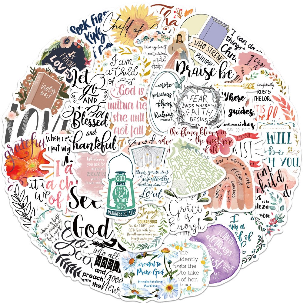 Wholesale Custom 52PCS Stickers PVC Decorative Laptop Notebook Cartoon Religious Jesus Phrase Bible Verse Waterproof Stickers
