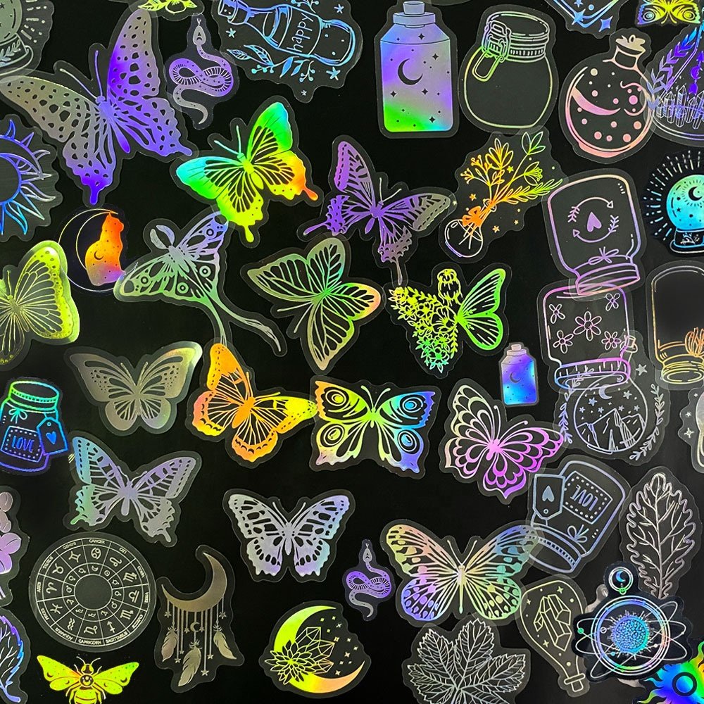 200pcs Holographic Stationery Stickers for Arts Water Bottles Laptop Scrapbook Planner Journal Accessories PET Adhesive Sticker
