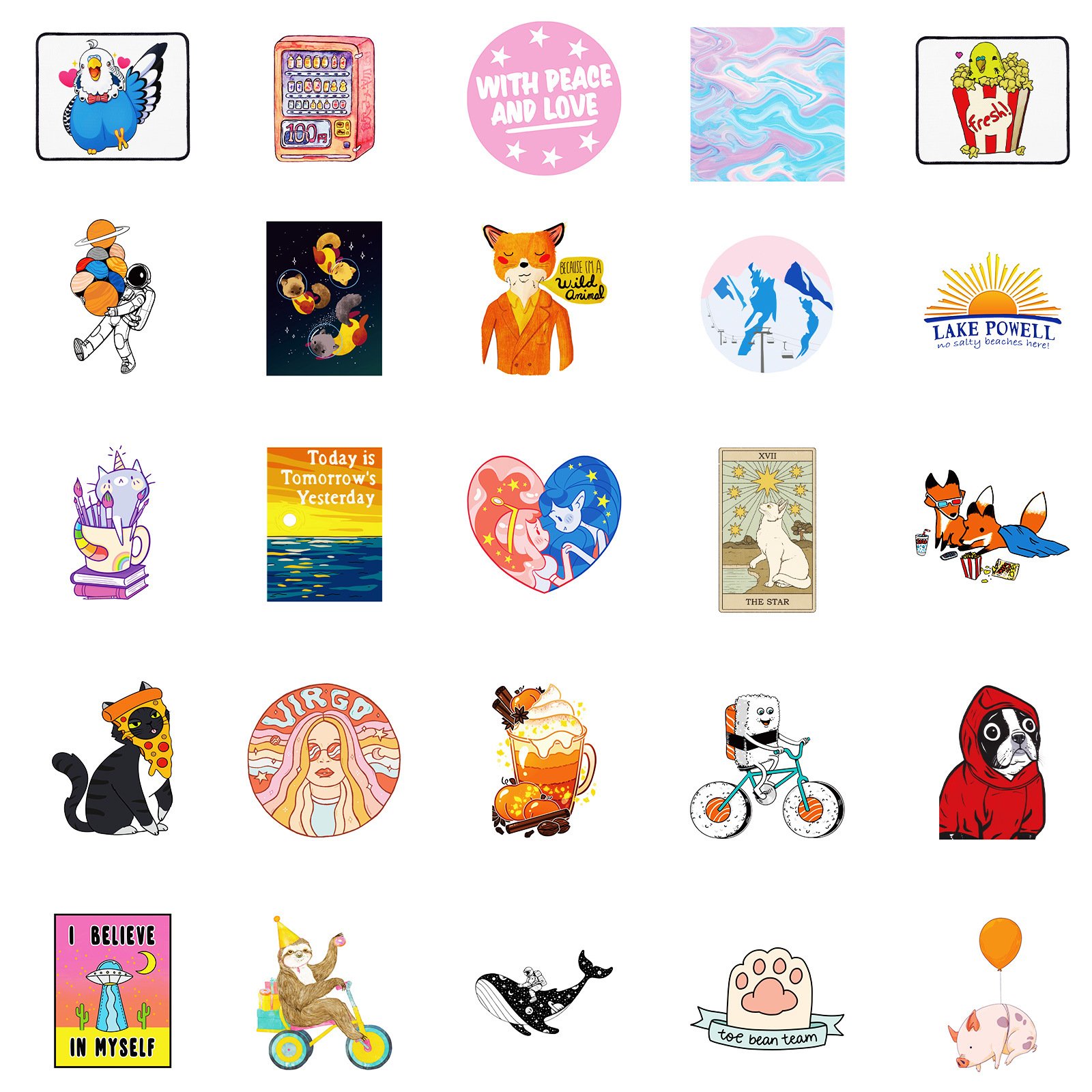 50PCS Fashional funny good vibes positive phrase cartoon animals sticker