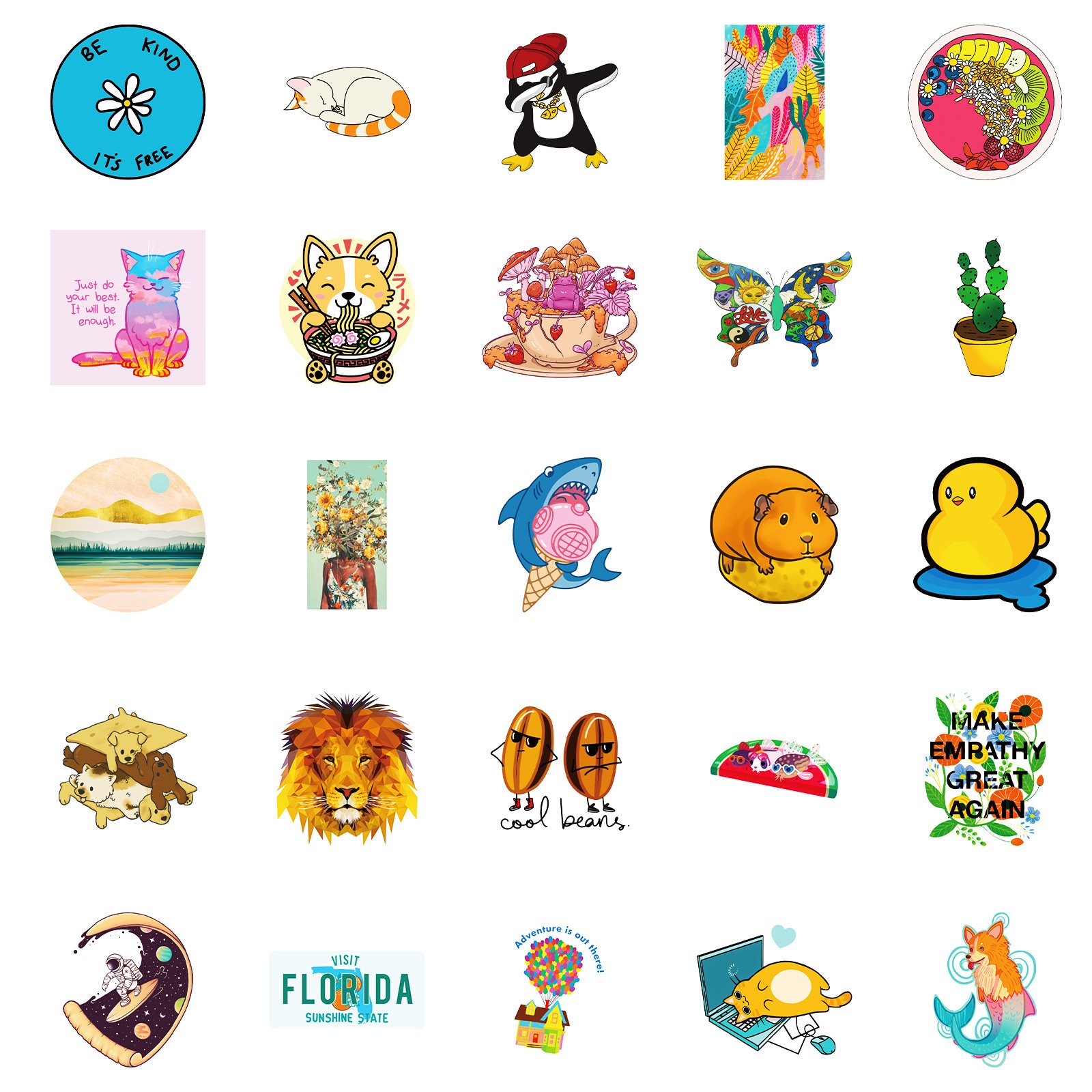 50PCS Fashional funny good vibes positive phrase cartoon animals sticker