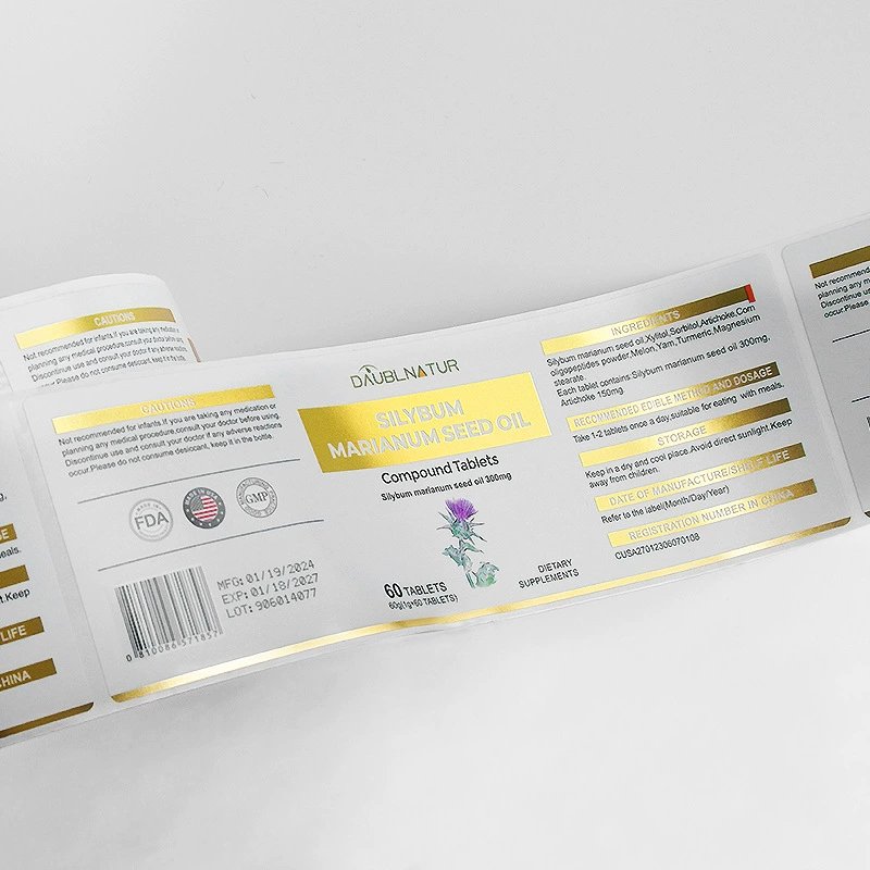 Custom printed metallic silver foil sticker Nutrition supplement label Vitamin label uv label