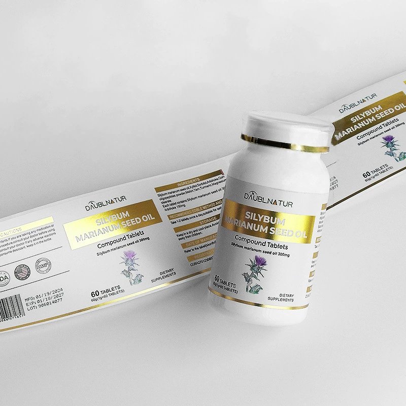 Custom printed metallic silver foil sticker Nutrition supplement label Vitamin label uv label